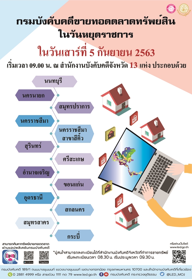 ﻿กรมบังคับคดีจัดขายทอดตลาดทรัพย์สินในวันหยุดราชการ วันเสาร์ที่ 5 กันยายน 2563
